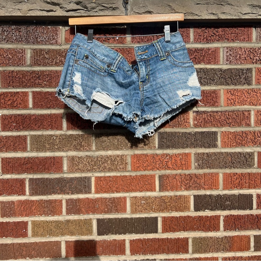 Jimmy Z Medium Blue Distressed Mid Rise Cut Off Denim Shorts